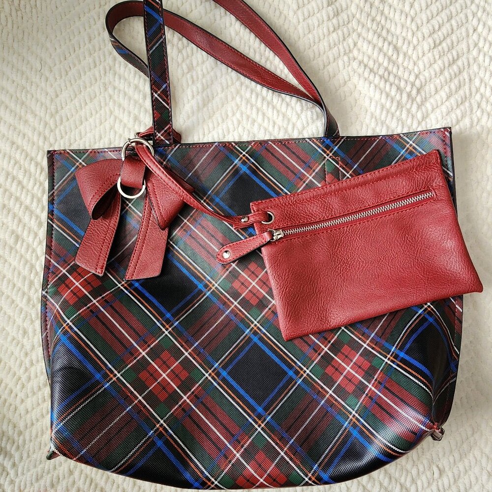 K. Carroll Reversible Tote Bag with Bow & Pouch - Plaid